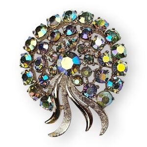 Vintage Arthur Pepper Brooch Aurora Borealis Rhinestone Floral ART Silver Tone